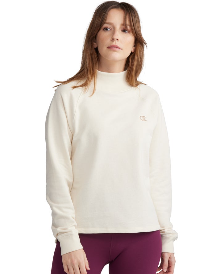 Champion Dame Sweatshirt Hvide - Powerblend Fleece Mock Neck Embroidered Logo - Danmark PYK-298643